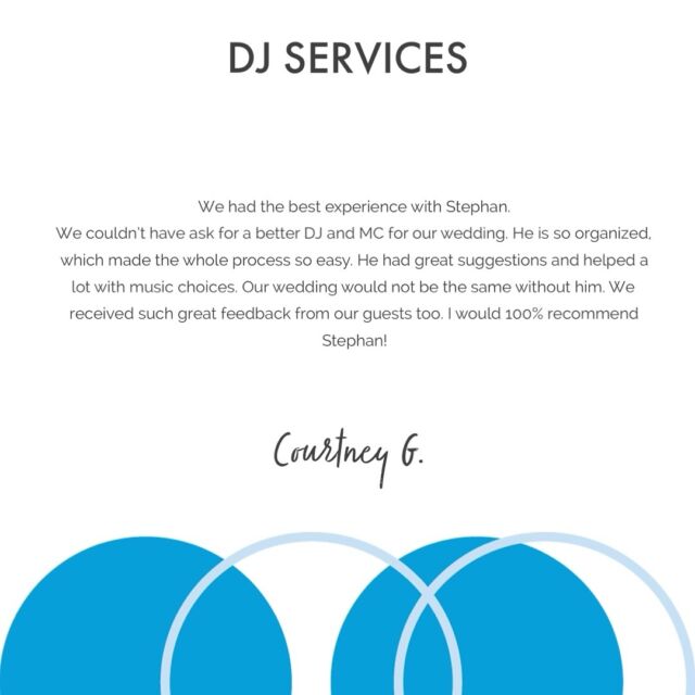 Here’s what our client’s are saying about our DJ services:⁠
⁠
We had the best experience with Stephan.⁠
We couldn’t have ask for a better DJ and MC for our wedding. He is so organized, which made the whole process so easy. He had great suggestions and helped a lot with music choices. Our wedding would not be the same without him. We received such great feedback from our guests too. I would 100% recommend Stephan! Courtney G.⁠
.⁠
.⁠
.⁠
#DJ⁠
#DJs⁠
#DJLife⁠
#Music⁠
#Events⁠
#Corporate⁠
#Wedding⁠
#WeddingSeason2024⁠
#OttWeddings⁠
#DanceTheNightAway⁠
#OttawaLife⁠
#Entertainment⁠
#Dancing⁠
#Lighting⁠
#Fun⁠
#OttawaEvents⁠
#OttawaWedding⁠
#OttawaDJServices⁠
#OttawaDJ⁠
#613DJ⁠
#613Wedding⁠
#MyOttawa⁠
#OttawaPhoto⁠
#DpDjOtt⁠
#DynamixPro⁠
#DynamixProductions
